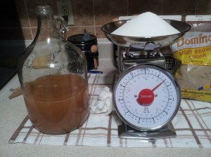 weighing my sugar to add to the cider